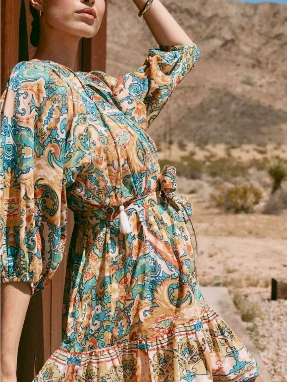 Cleobella Bohemian Floral Tunic Dress in Green & Tan w Belt